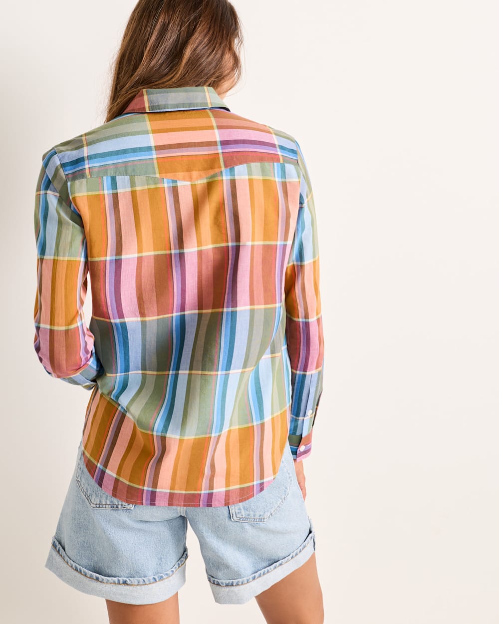ALTERNATE VIEW OF WOMEN'S PLAID PERFECT ONE POCKET PLAID SHIRT IN TEAL/ORANGE MULTI image number 2