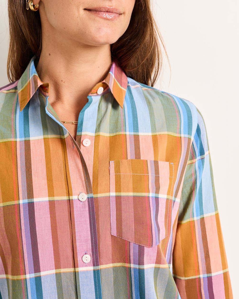 ALTERNATE VIEW OF WOMEN'S PLAID PERFECT ONE POCKET PLAID SHIRT IN TEAL/ORANGE MULTI image number 4
