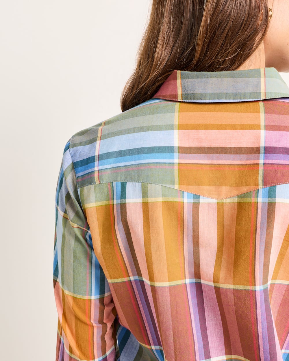 ALTERNATE VIEW OF WOMEN'S PLAID PERFECT ONE POCKET PLAID SHIRT IN TEAL/ORANGE MULTI image number 5