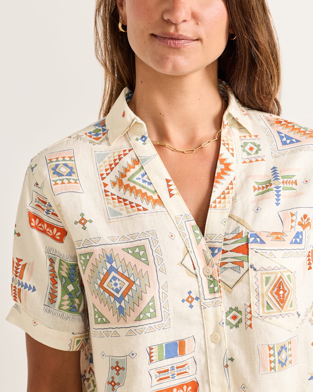ALTERNATE VIEW OF WOMEN'S SHORT-SLEEVE HARLOW LINEN SHIRT IN IVORY MULTI image number 4