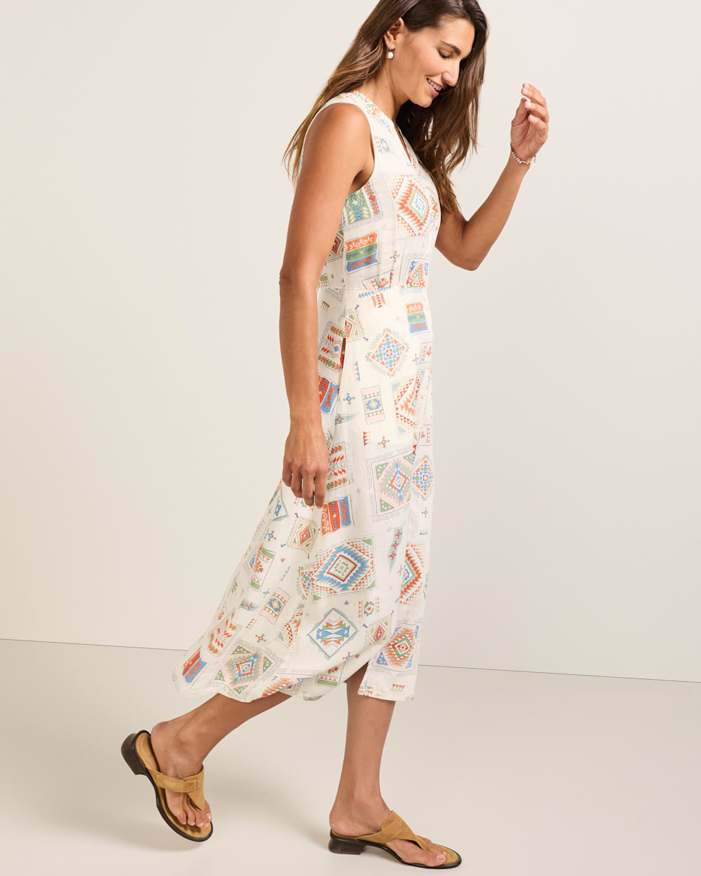 ALTERNATE VIEW OF WOMEN'S LANA SLEEVELESS LINEN DRESS IN IVORY MULTI image number 3