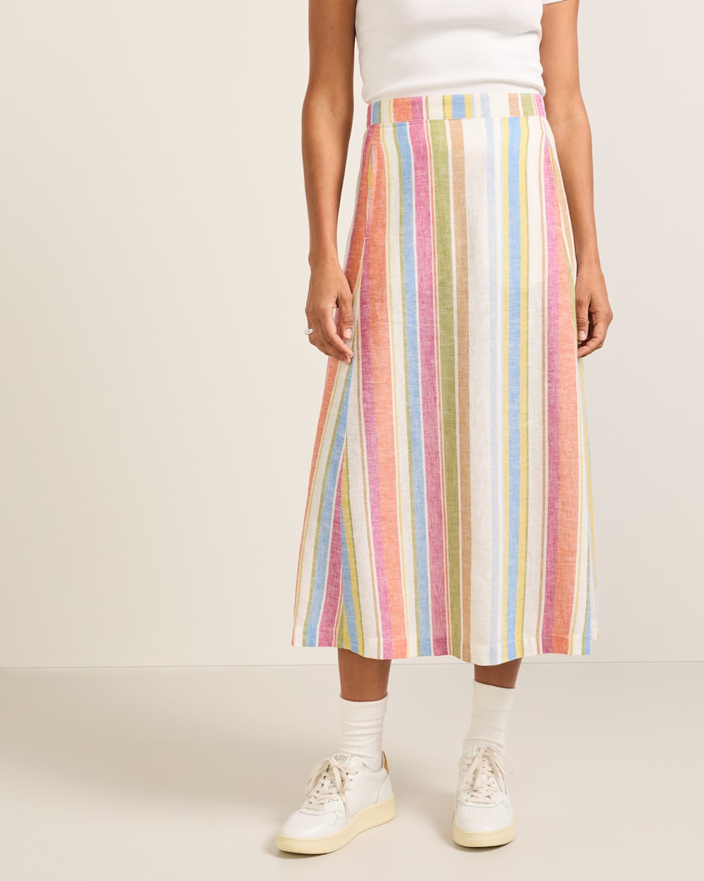 WOMEN'S STRIPE LINEN MIDI SKIRT IN IVORY MULTI STRIPE image number 1