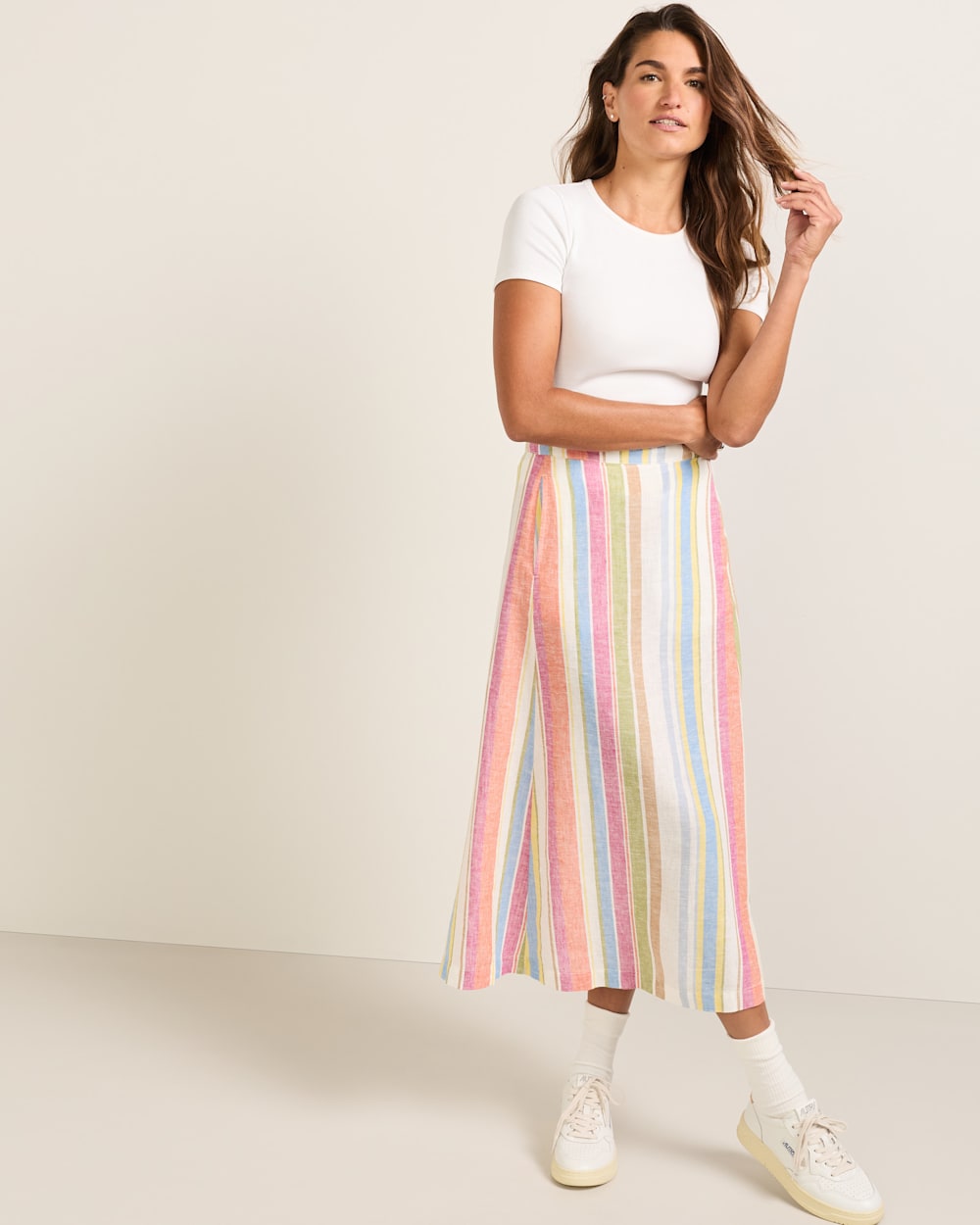 ALTERNATE VIEW OF WOMEN'S STRIPE LINEN MIDI SKIRT IN IVORY MULTI STRIPE image number 2