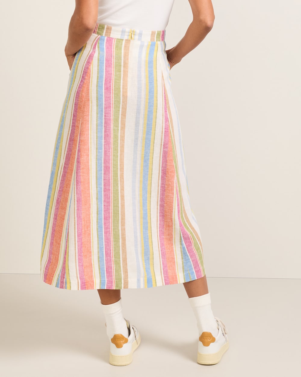 ALTERNATE VIEW OF WOMEN'S STRIPE LINEN MIDI SKIRT IN IVORY MULTI STRIPE image number 3