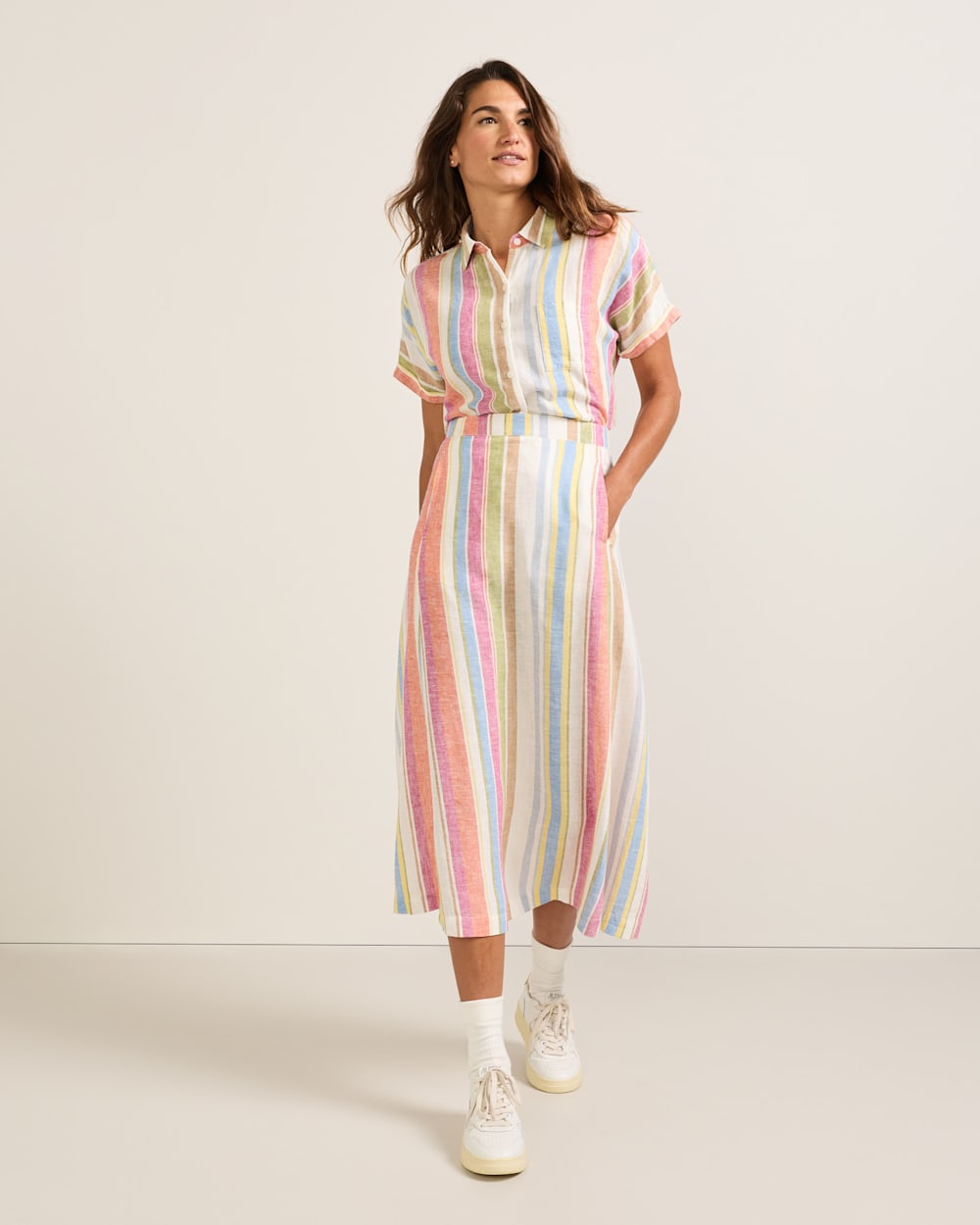 ALTERNATE VIEW OF WOMEN'S STRIPE LINEN MIDI SKIRT IN IVORY MULTI STRIPE image number 5