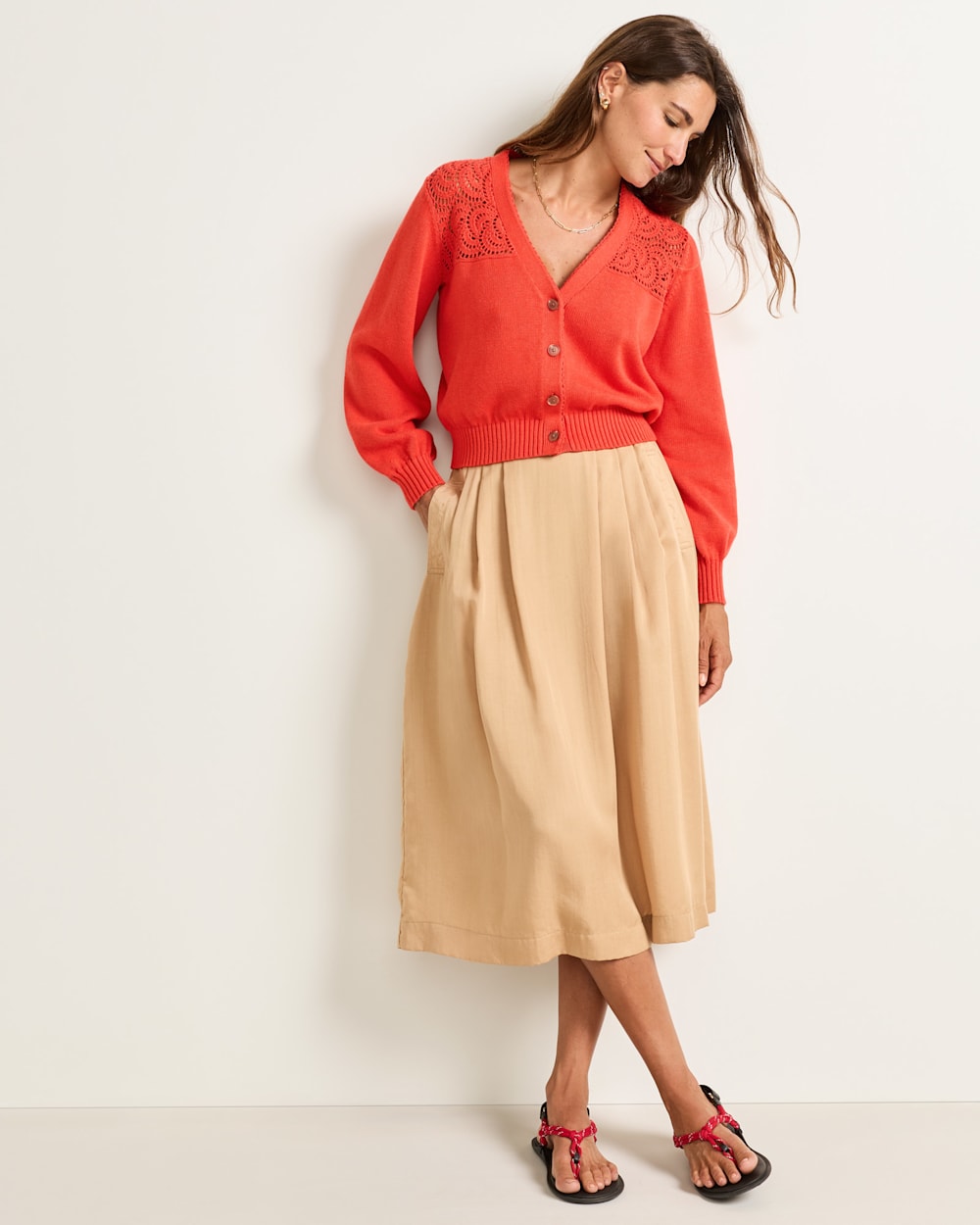 ALTERNATE VIEW OF WOMEN'S CROCHET COTTON CARDIGAN IN POPPY image number 6