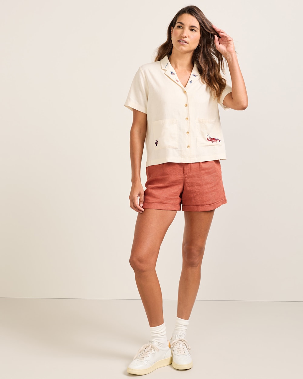 ALTERNATE VIEW OF WOMEN'S SHORT-SLEEVE EMBROIDERED LINEN CAMP SHIRT IN NATURAL image number 6