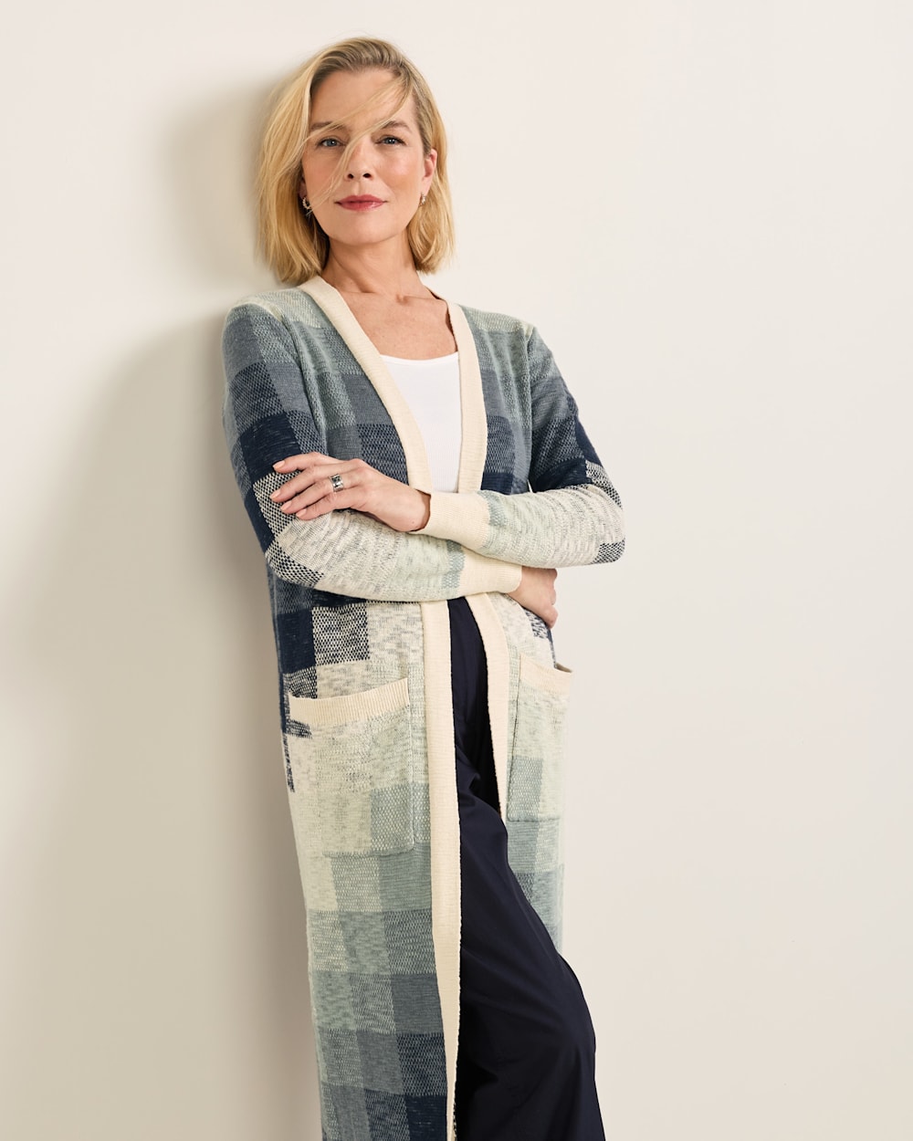 WOMEN'S COTTON DUSTER CARDIGAN IN NAVY/IVORY MULTI image number 1