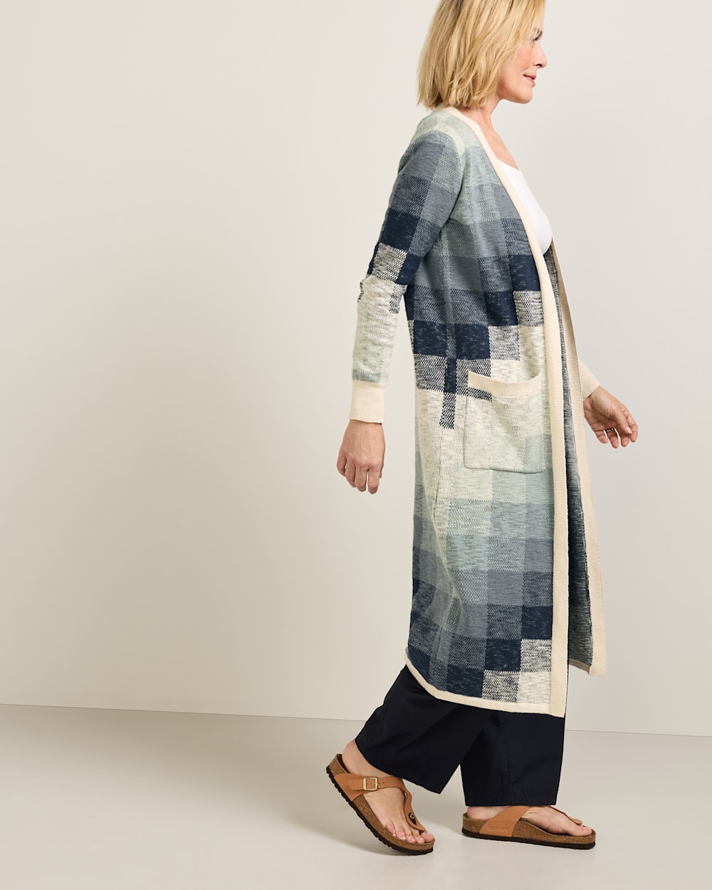 ALTERNATE VIEW OF WOMEN'S COTTON DUSTER CARDIGAN IN NAVY/IVORY MULTI image number 3