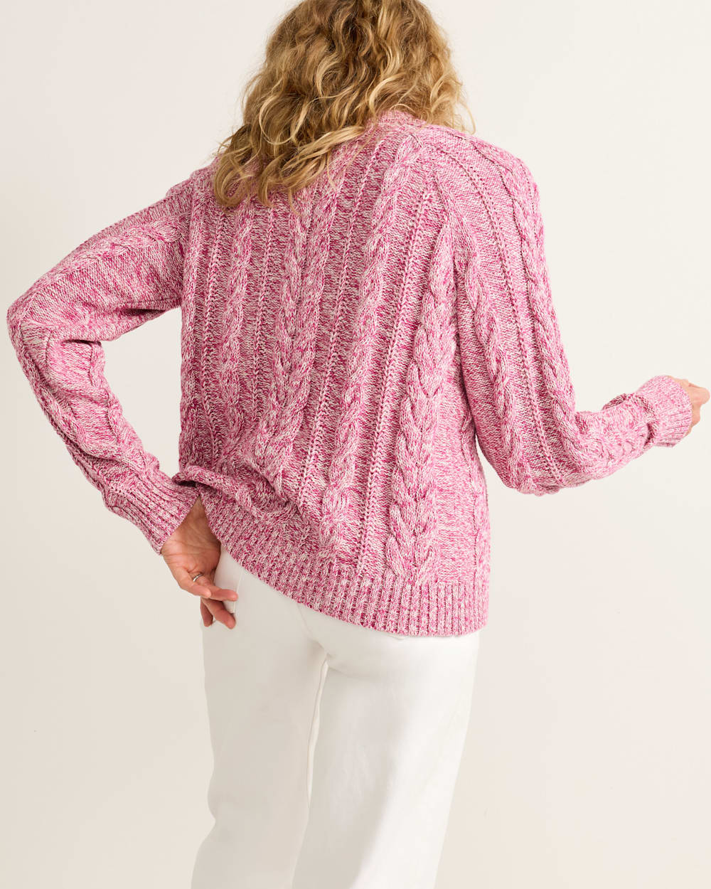 ALTERNATE VIEW OF WOMEN'S MARLED COTTON CABLE CARDIGAN IN MULBERRY image number 2
