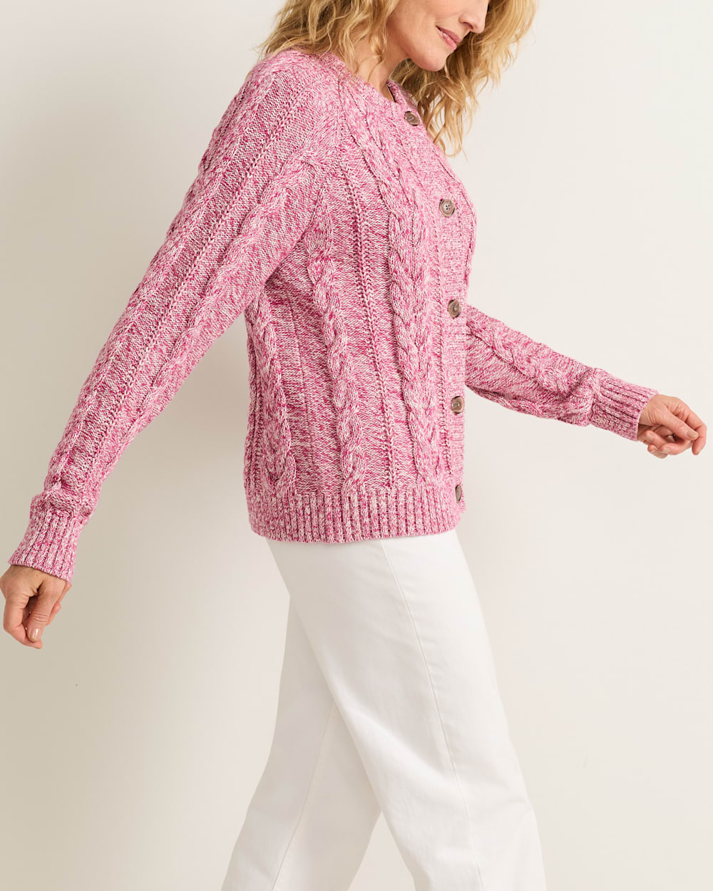 ALTERNATE VIEW OF WOMEN'S MARLED COTTON CABLE CARDIGAN IN MULBERRY image number 3