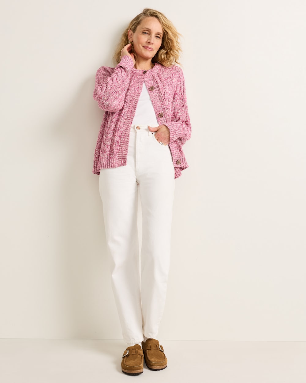 ALTERNATE VIEW OF WOMEN'S MARLED COTTON CABLE CARDIGAN IN MULBERRY image number 5