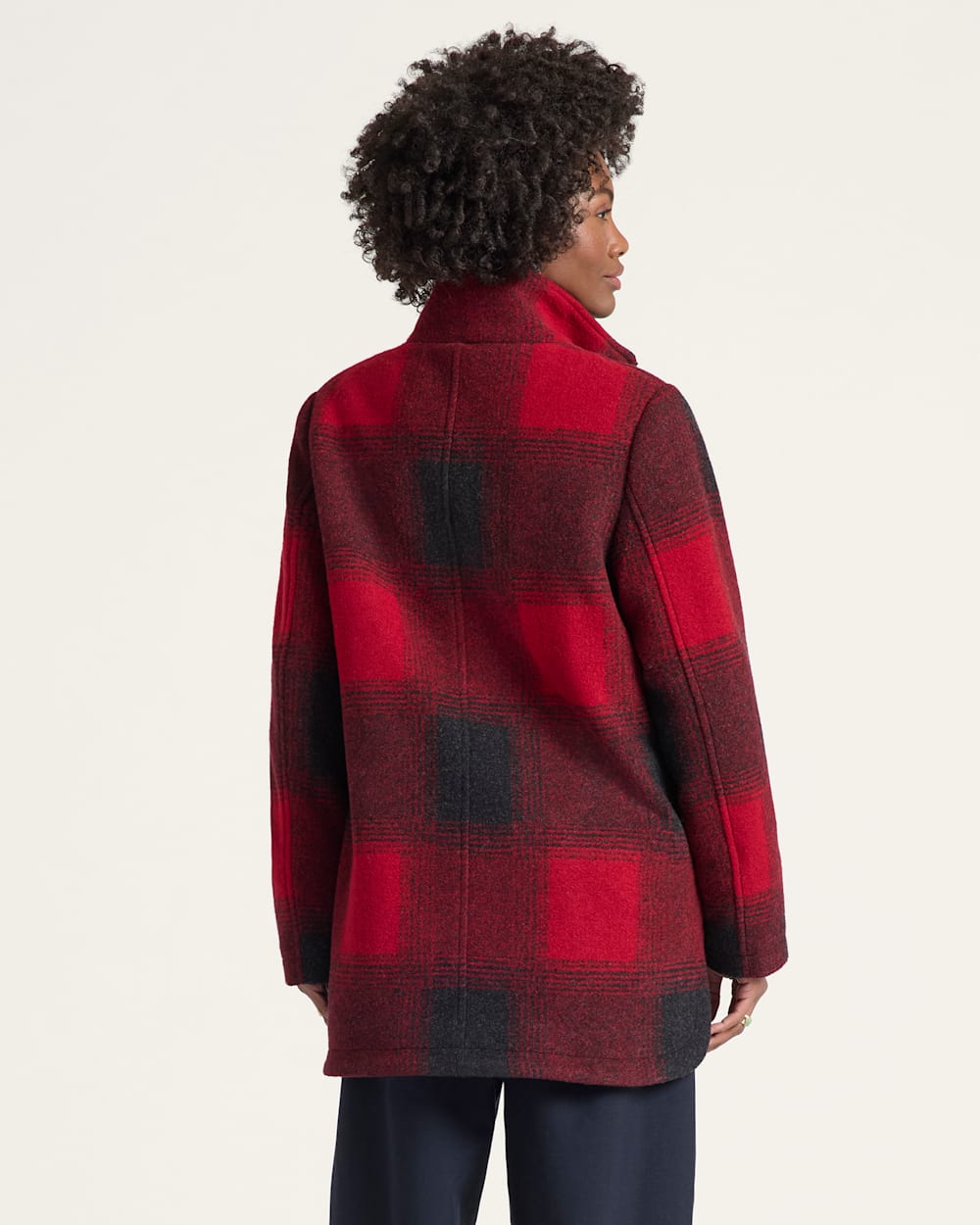 ALTERNATE VIEW OF WOMEN'S PLAID RIB-KNIT TRIM WOOL COAT IN RED OMBRE image number 2