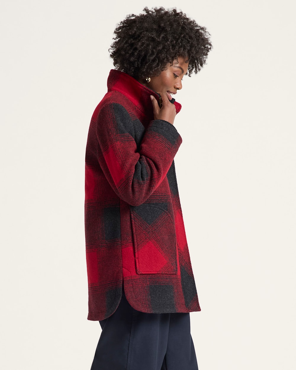 ALTERNATE VIEW OF WOMEN'S PLAID RIB-KNIT TRIM WOOL COAT IN RED OMBRE image number 3