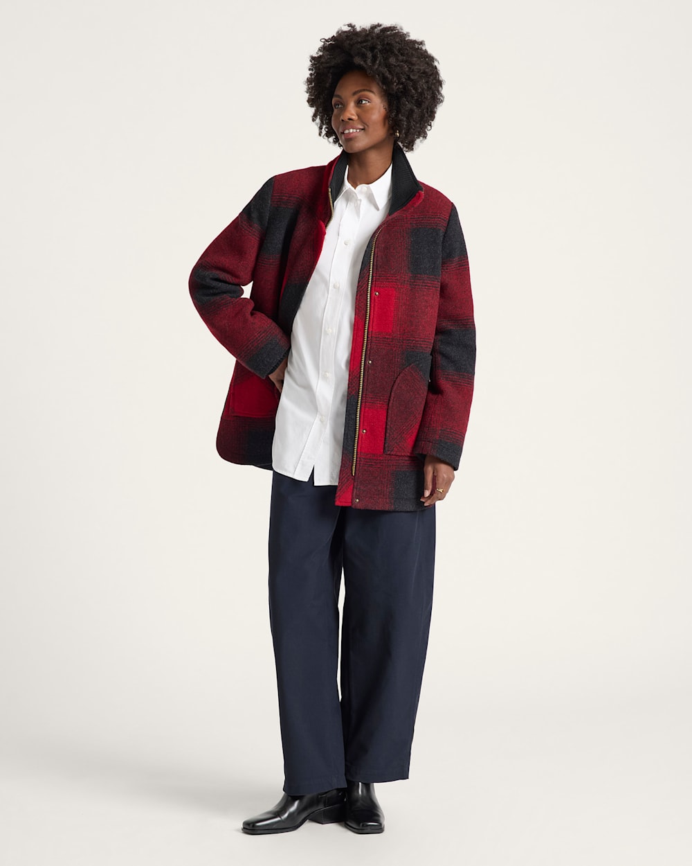 ALTERNATE VIEW OF WOMEN'S PLAID RIB-KNIT TRIM WOOL COAT IN RED OMBRE image number 6