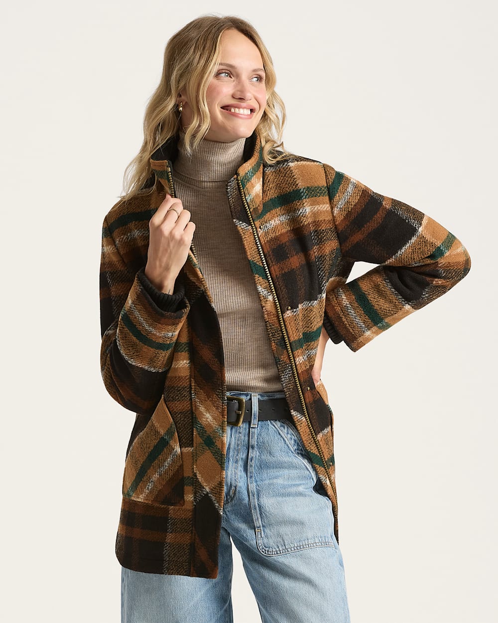 WOMEN'S PLAID RIB-KNIT TRIM WOOL COAT IN BROWN PLAID image number 1