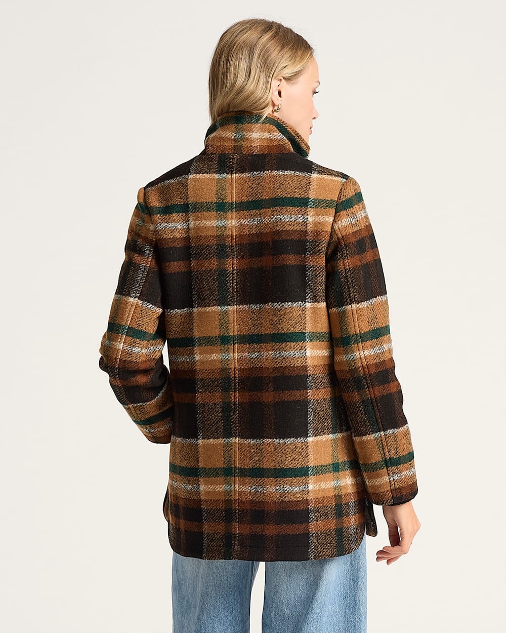 ALTERNATE VIEW OF WOMEN'S PLAID RIB-KNIT TRIM WOOL COAT IN BROWN PLAID image number 2
