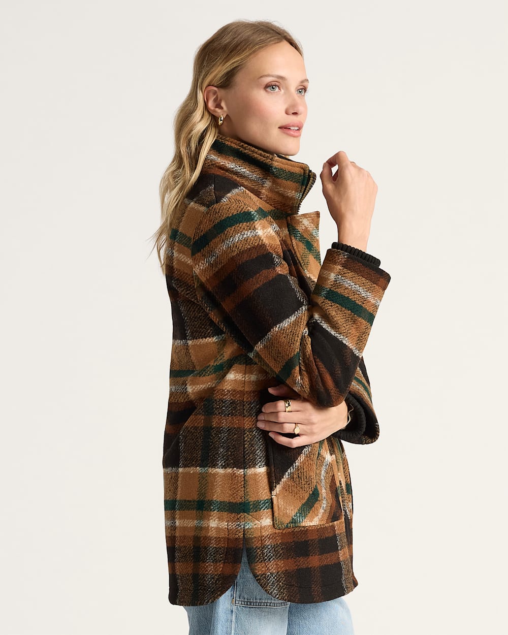 ALTERNATE VIEW OF WOMEN'S PLAID RIB-KNIT TRIM WOOL COAT IN BROWN PLAID image number 3