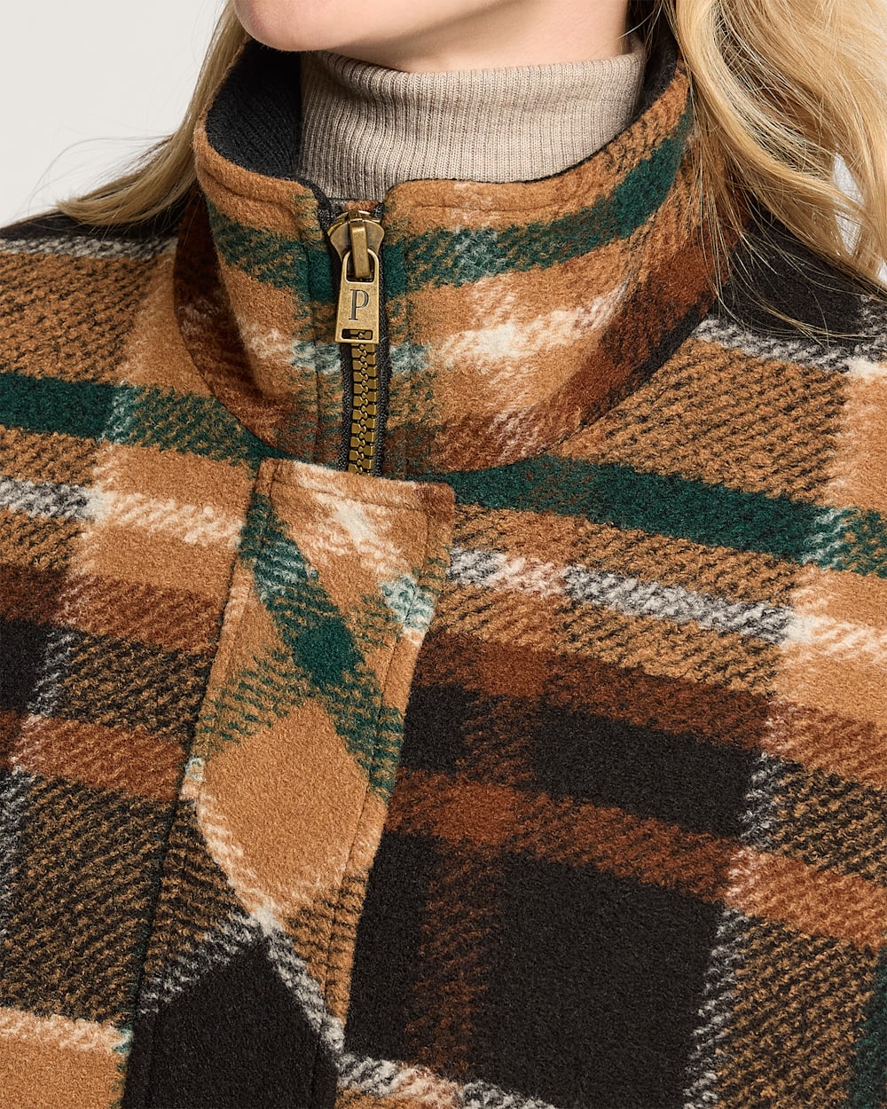 ALTERNATE VIEW OF WOMEN'S PLAID RIB-KNIT TRIM WOOL COAT IN BROWN PLAID image number 4