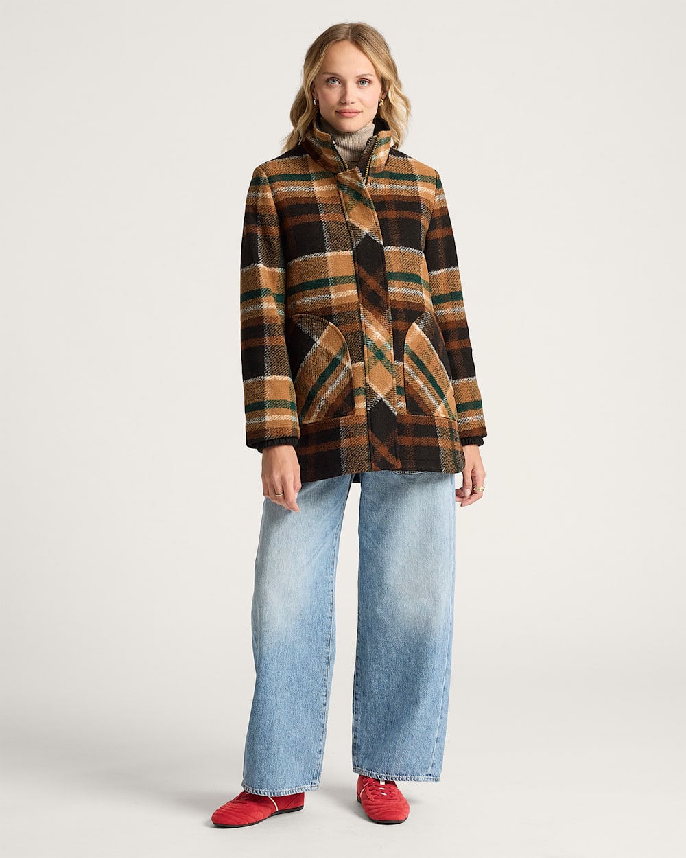 ALTERNATE VIEW OF WOMEN'S PLAID RIB-KNIT TRIM WOOL COAT IN BROWN PLAID image number 6