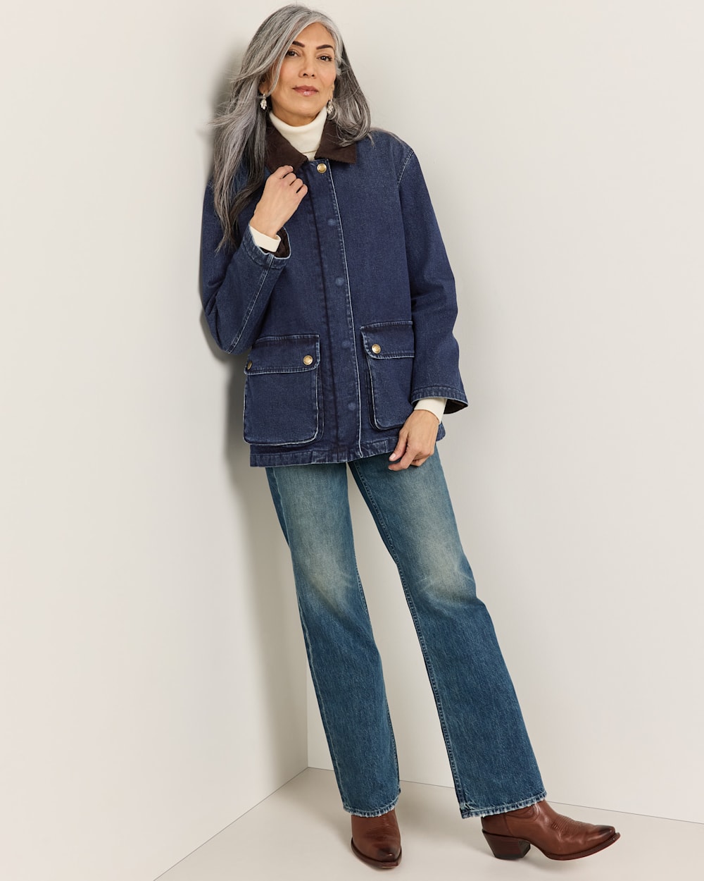 ALTERNATE VIEW OF WOMEN'S CASCADES DENIM BARN COAT IN DARK WASH image number 5