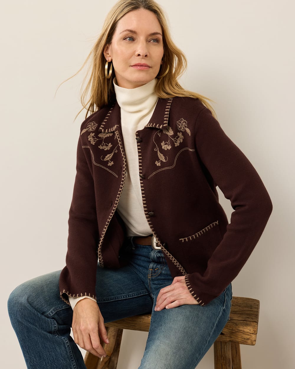 WOMEN'S EMBROIDERED SOUVENIR CARDIGAN IN DARK CHOCOLATE image number 1