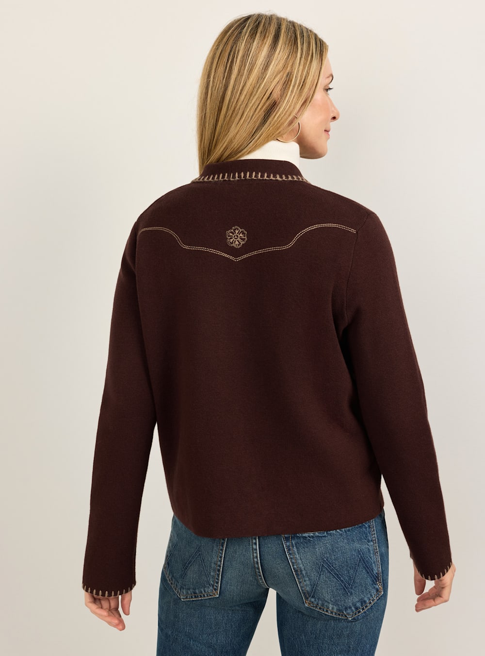 ALTERNATE VIEW OF WOMEN'S EMBROIDERED SOUVENIR CARDIGAN IN DARK CHOCOLATE image number 3