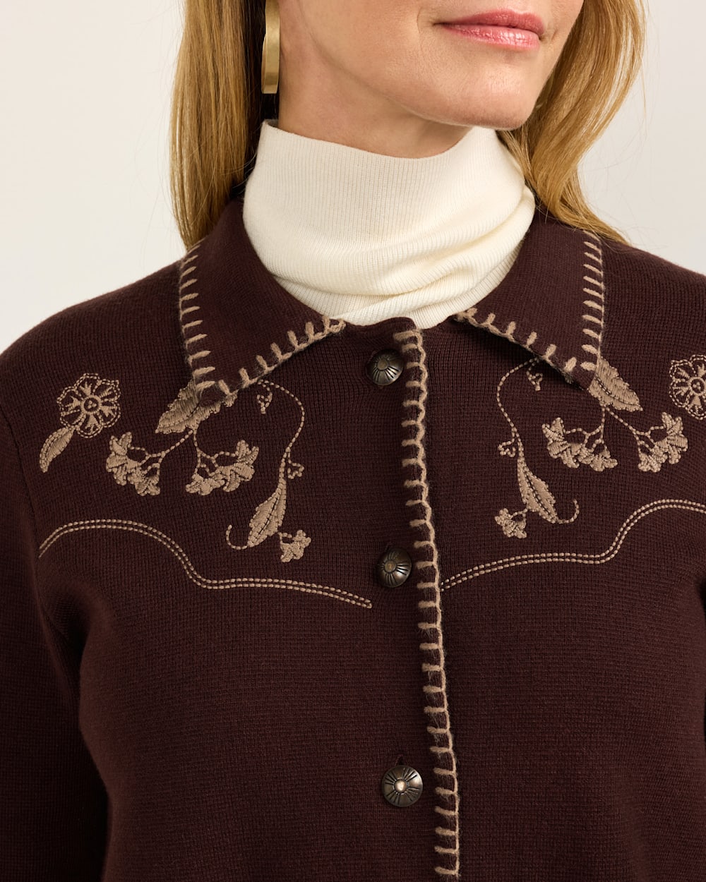 ALTERNATE VIEW OF WOMEN'S EMBROIDERED SOUVENIR CARDIGAN IN DARK CHOCOLATE image number 4