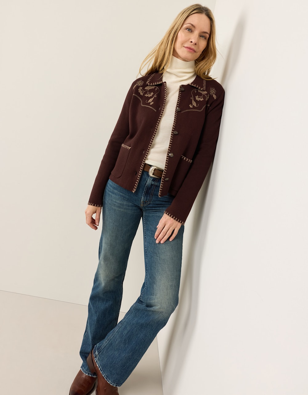 ALTERNATE VIEW OF WOMEN'S EMBROIDERED SOUVENIR CARDIGAN IN DARK CHOCOLATE image number 5