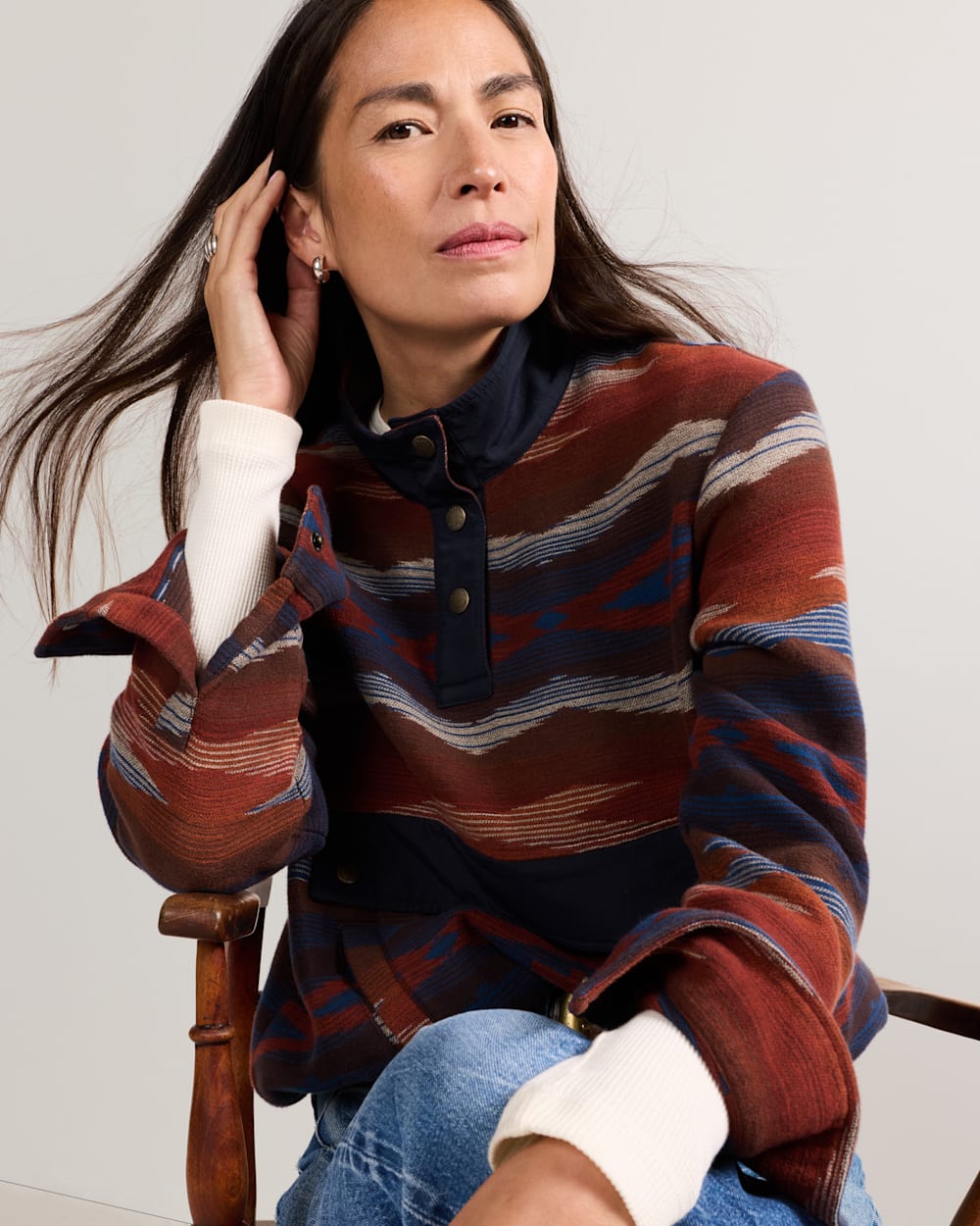 WOMEN'S DOUBLESOFT HALF-SNAP PULLOVER IN BLUE/RED CROWNPOINT image number 1