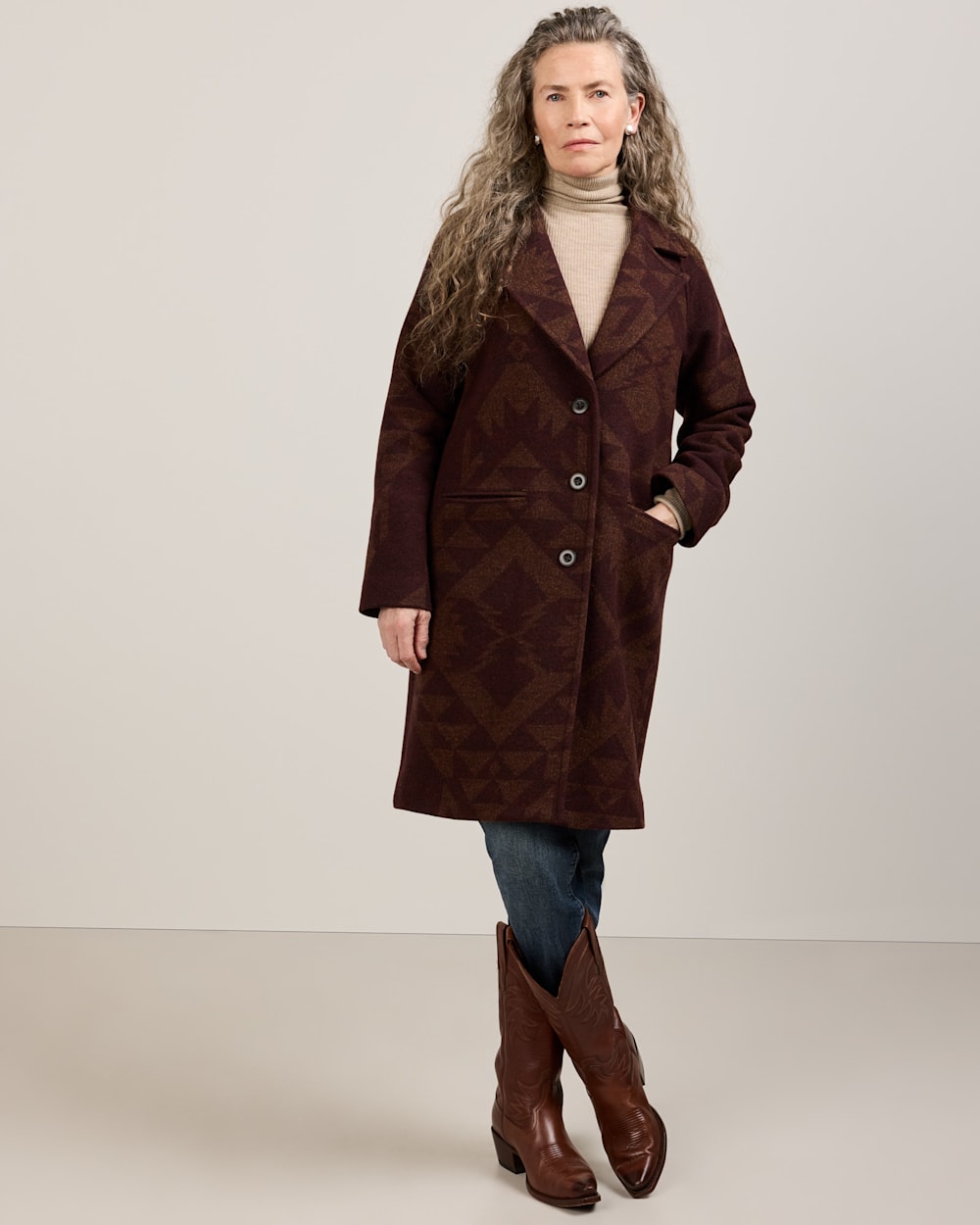 ALTERNATE VIEW OF WOMEN'S JACQUARD WOOL OVERCOAT IN BROWN ECHO BAY image number 3