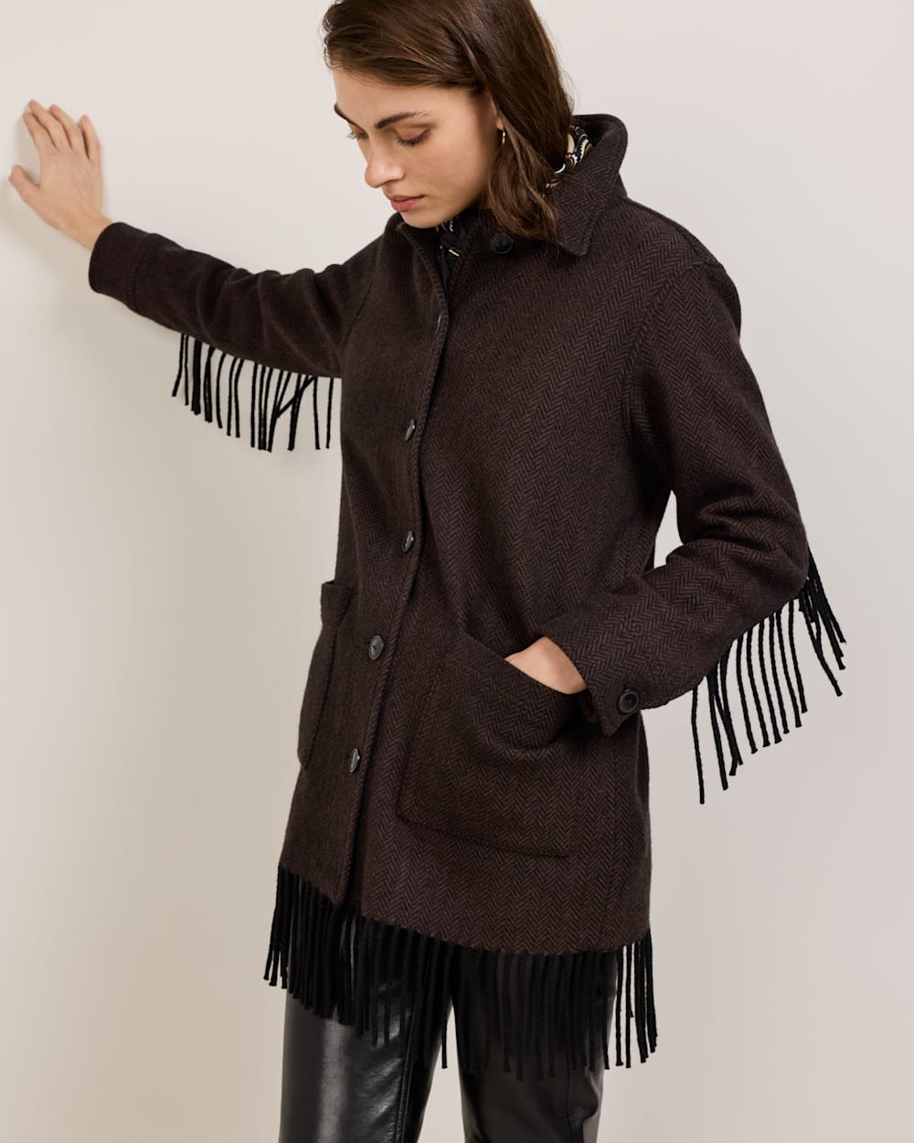 ALTERNATE VIEW OF WOMEN'S HERRINGBONE JOLENE WOOL FRINGED JACKET IN BLACK/BROWN image number 2
