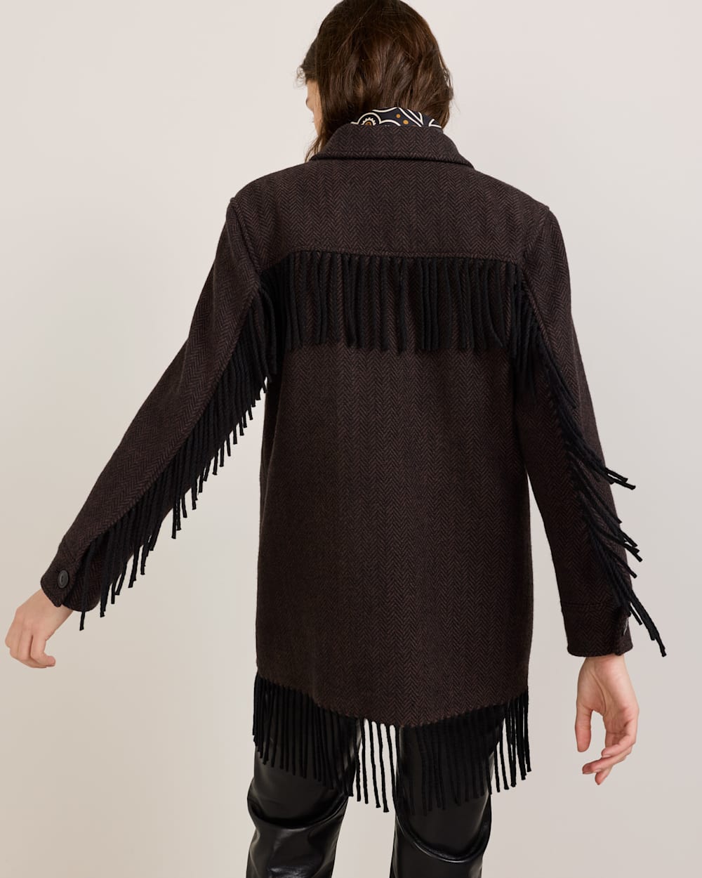 ALTERNATE VIEW OF WOMEN'S HERRINGBONE JOLENE WOOL FRINGED JACKET IN BLACK/BROWN image number 3