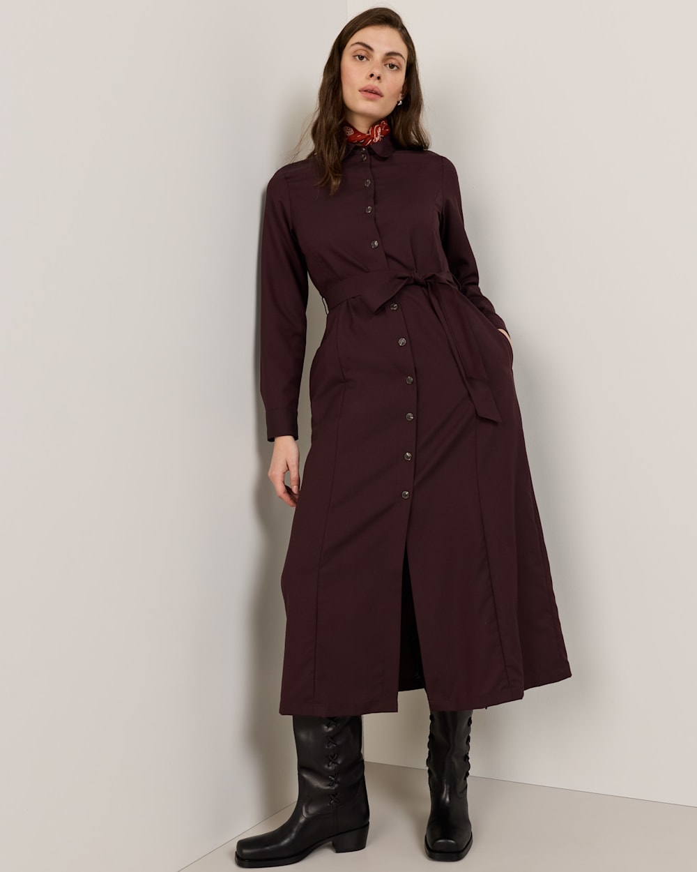 WOMEN'S WORSTED WOOL SHIRT DRESS IN MAROON MIX image number 1
