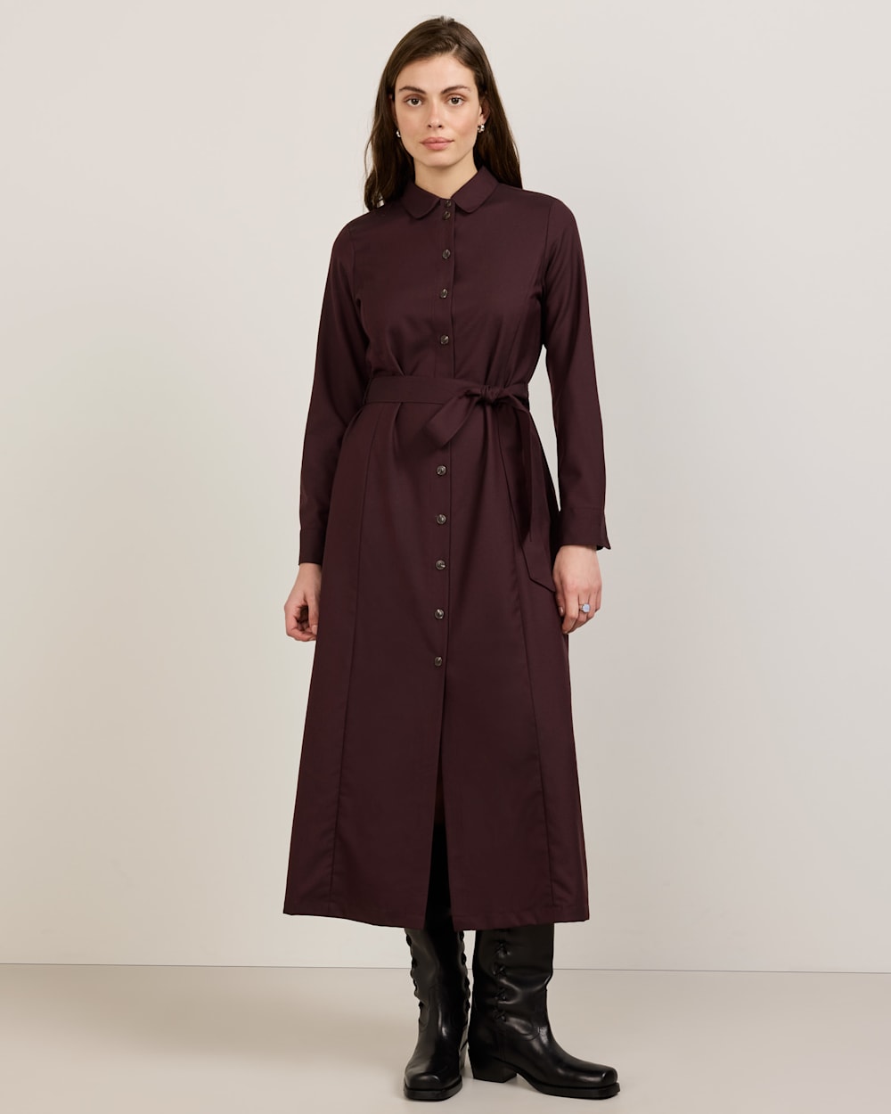 ALTERNATE VIEW OF WOMEN'S WORSTED WOOL SHIRT DRESS IN MAROON MIX image number 4