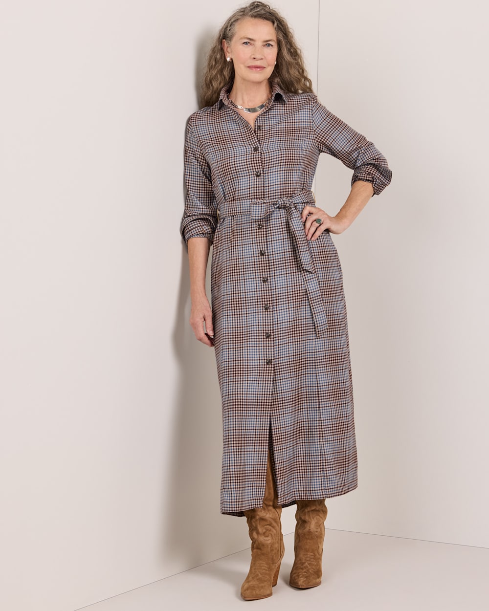 WOMEN'S PLAID WORSTED WOOL SHIRT DRESS IN BLUE/MAROON image number 1