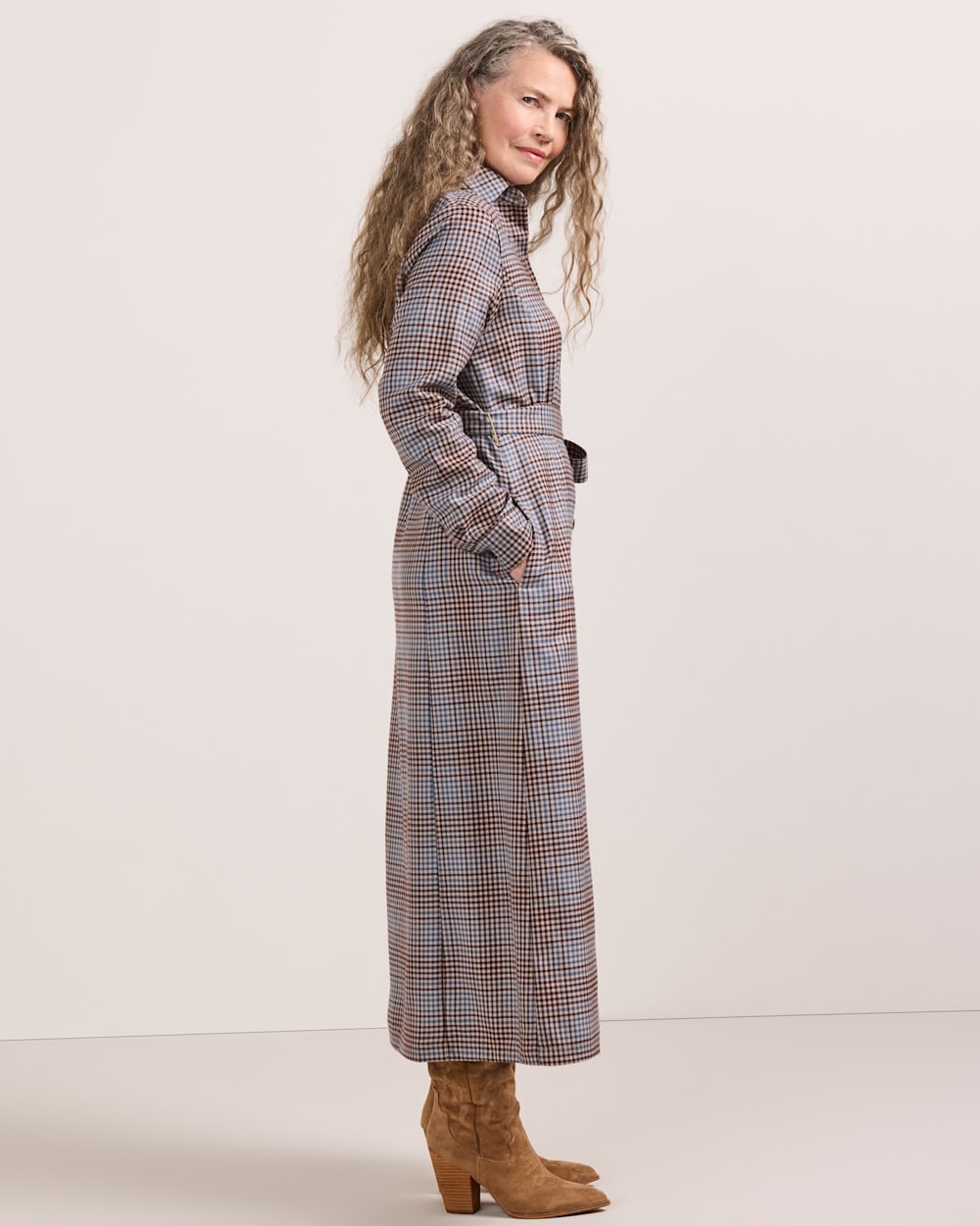ALTERNATE VIEW OF WOMEN'S PLAID WORSTED WOOL SHIRT DRESS IN BLUE/MAROON image number 5