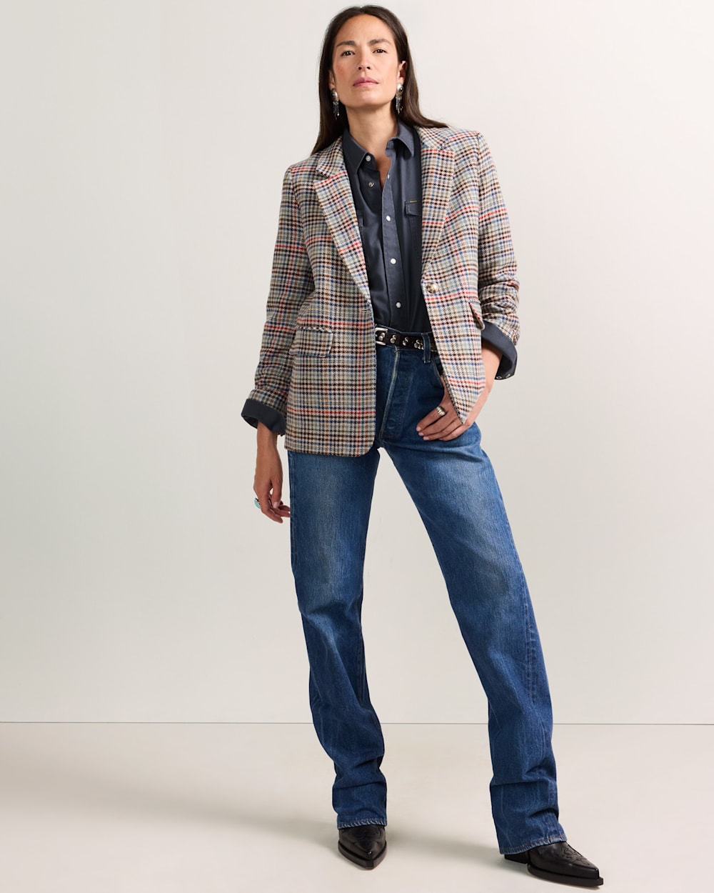 ALTERNATE VIEW OF WOMEN'S TWEED WOOL BLAZER IN CAMEL BRIGHTS CHECK image number 4