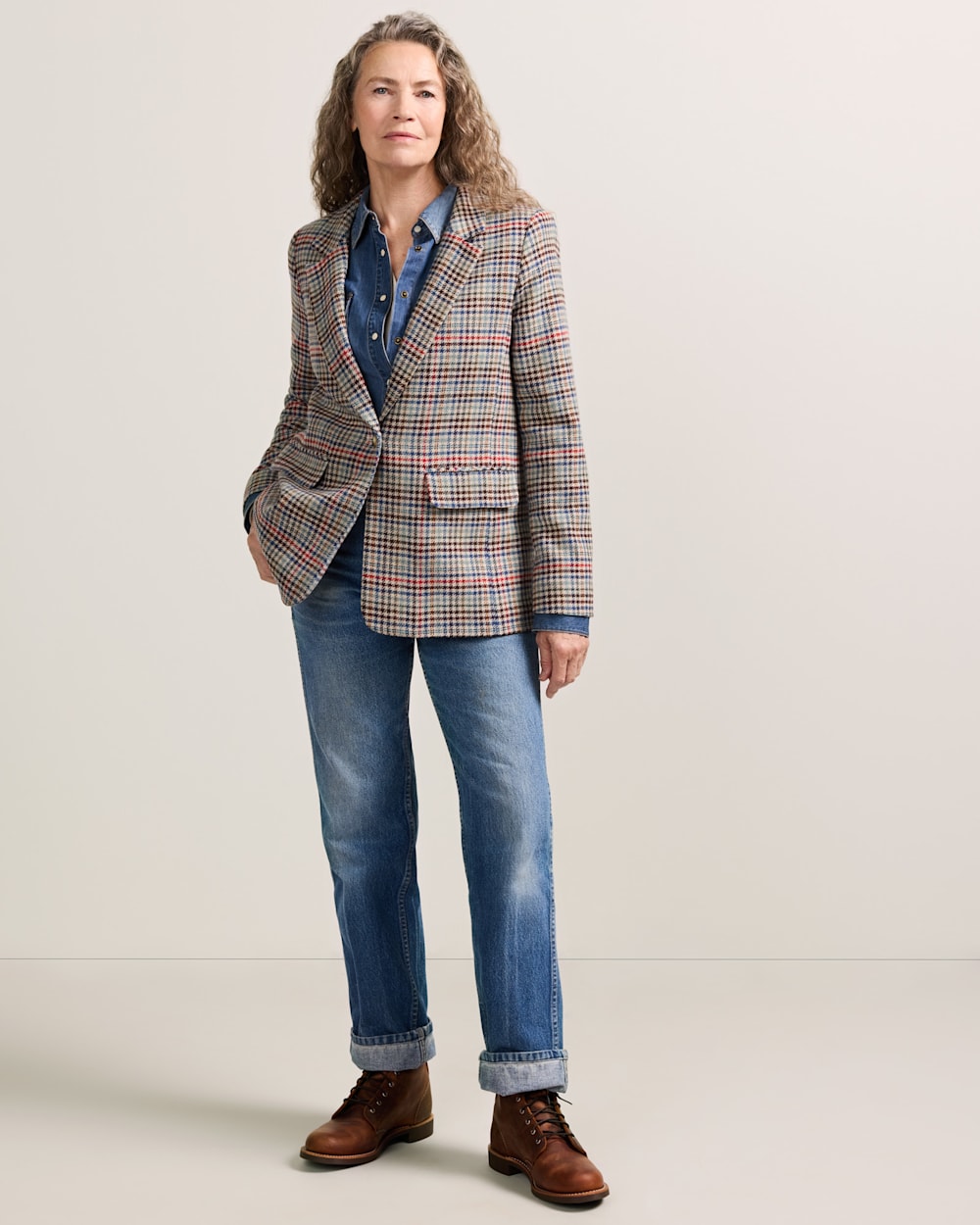 ALTERNATE VIEW OF WOMEN'S TWEED WOOL BLAZER IN CAMEL BRIGHTS CHECK image number 5