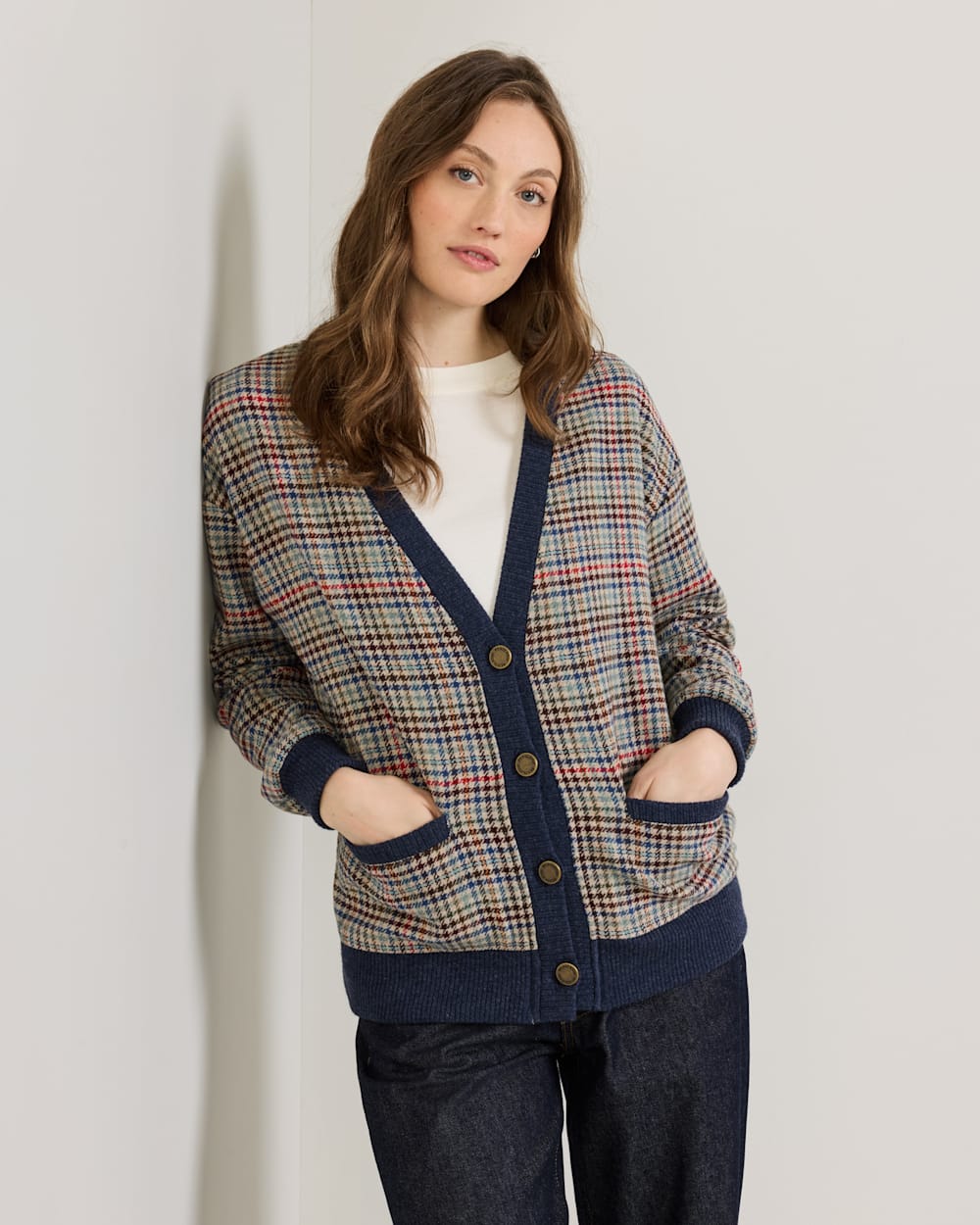 ALTERNATE VIEW OF WOMEN'S EAGLE RIVER WOOL CARDIGAN IN CAMEL BRIGHTS CHECK image number 3