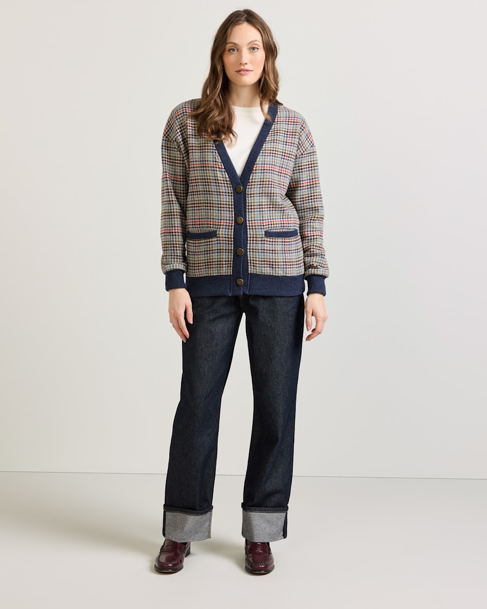 ALTERNATE VIEW OF WOMEN'S EAGLE RIVER WOOL CARDIGAN IN CAMEL BRIGHTS CHECK image number 5