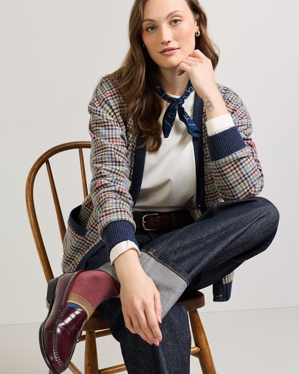 ALTERNATE VIEW OF WOMEN'S EAGLE RIVER WOOL CARDIGAN IN CAMEL BRIGHTS CHECK image number 6