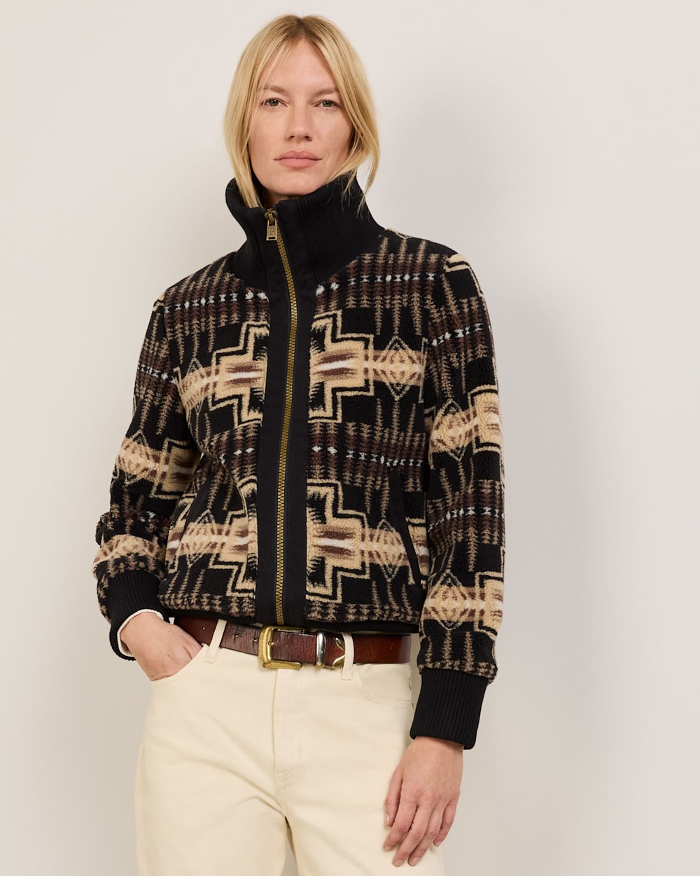 ALTERNATE VIEW OF WOMEN'S HARDING FOXGLOVE FLEECE BOMBER JACKET IN BLACK/TAN image number 2