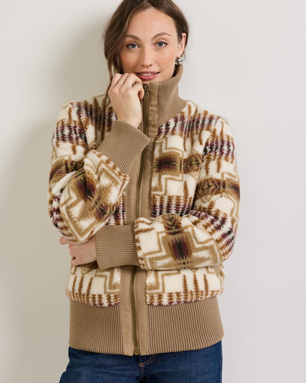 WOMEN'S HARDING FOXGLOVE FLEECE BOMBER JACKET IN TAN/IVORY image number 1