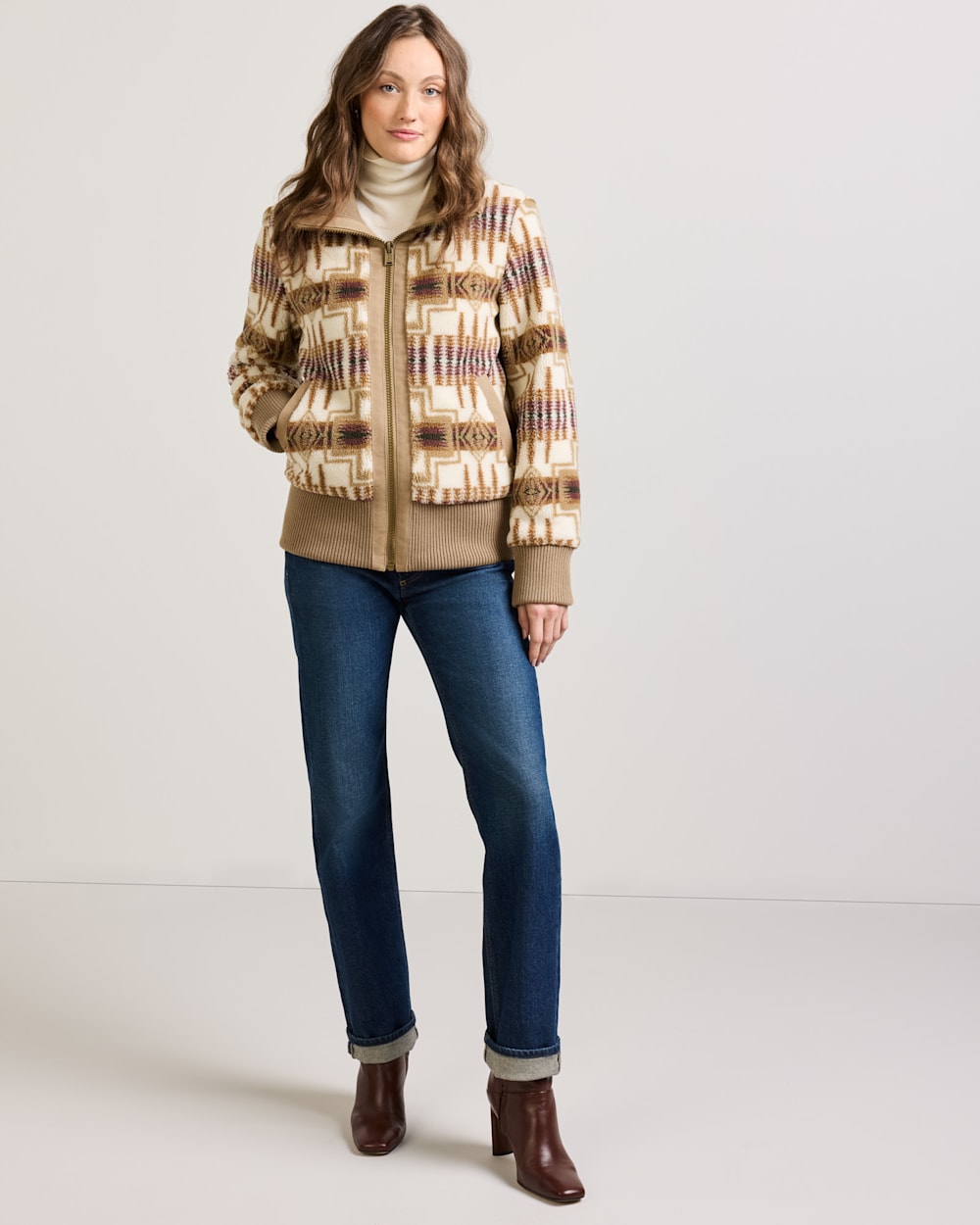 ALTERNATE VIEW OF WOMEN'S HARDING FOXGLOVE FLEECE BOMBER JACKET IN TAN/IVORY image number 2
