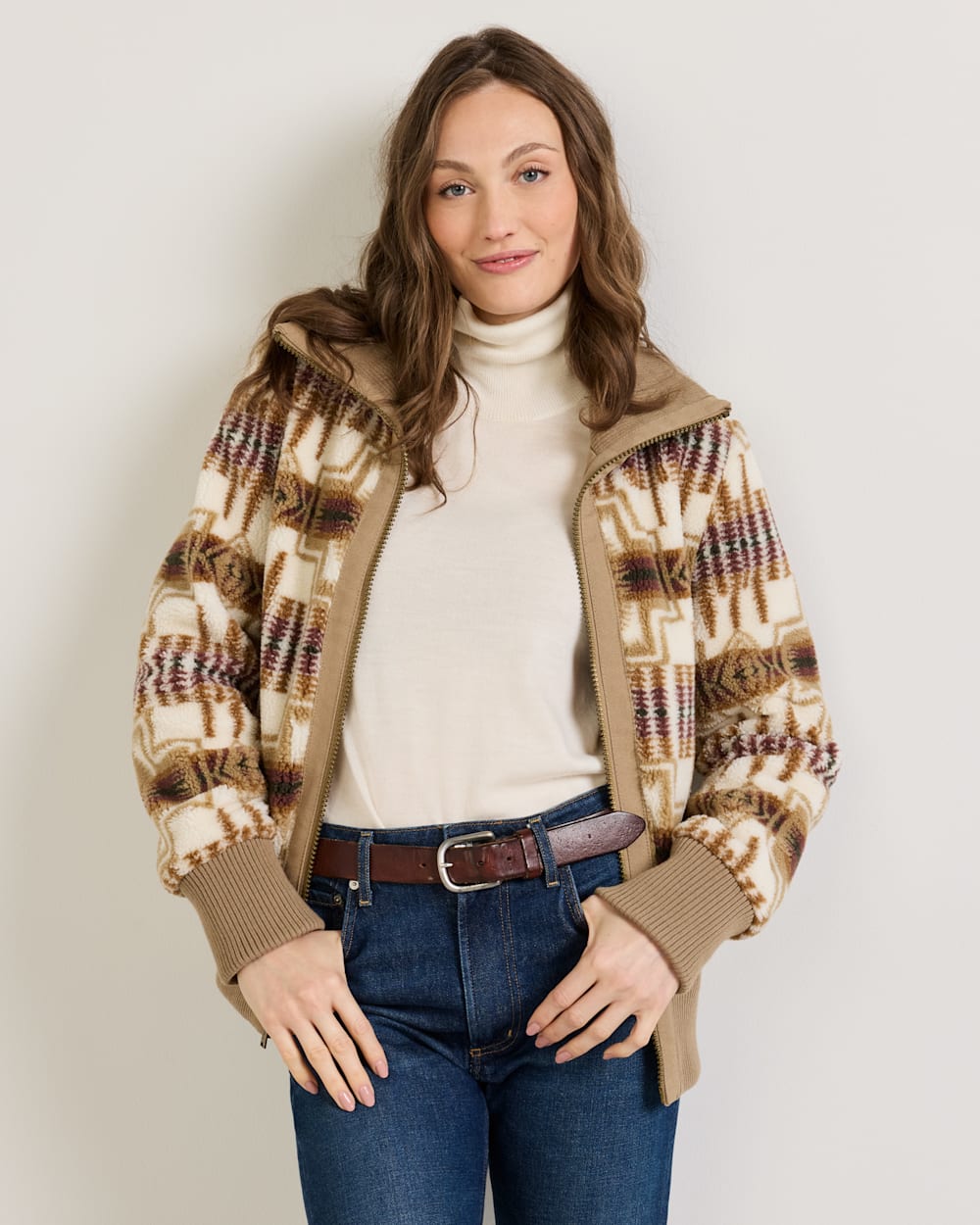 ALTERNATE VIEW OF WOMEN'S HARDING FOXGLOVE FLEECE BOMBER JACKET IN TAN/IVORY image number 5