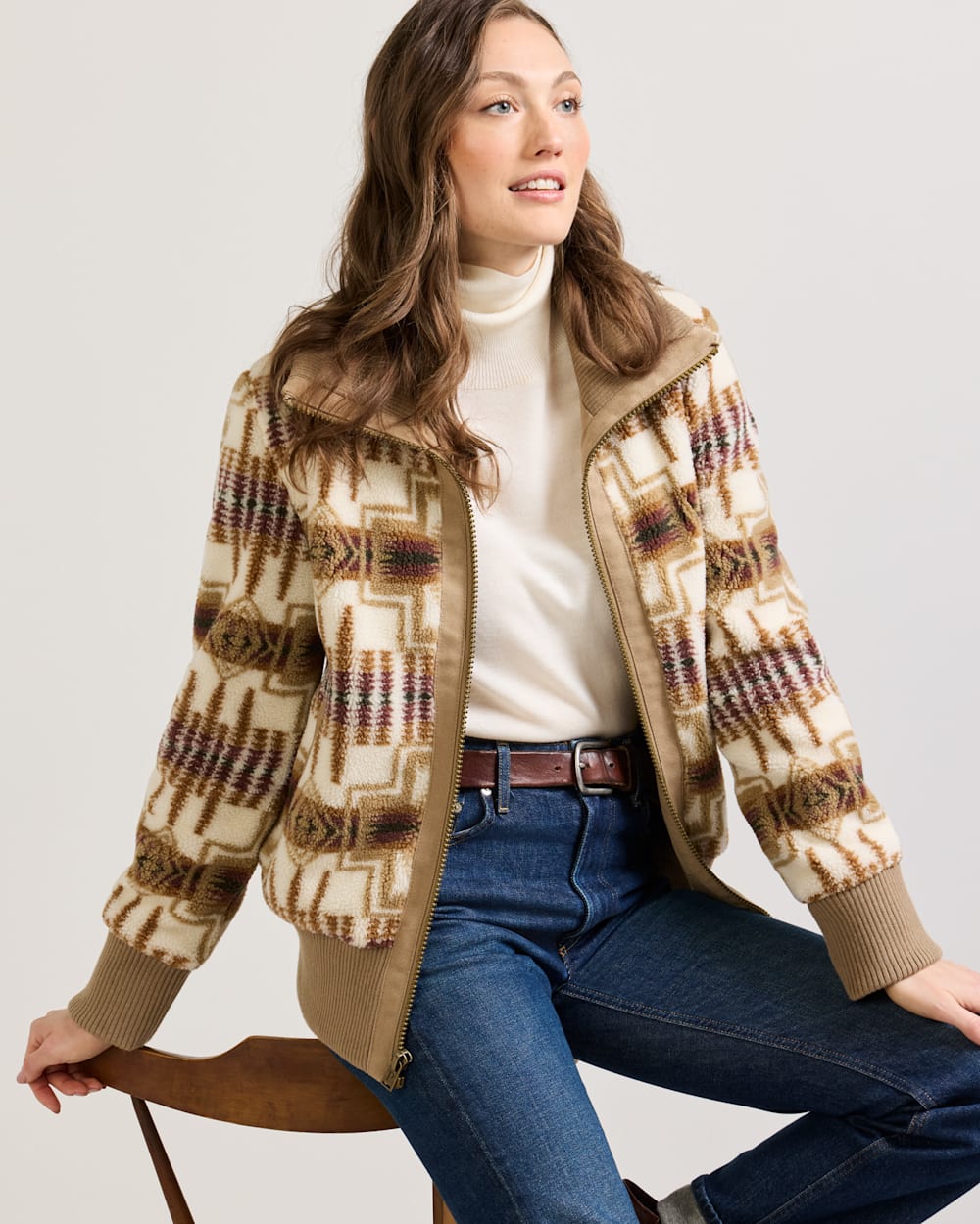 ALTERNATE VIEW OF WOMEN'S HARDING FOXGLOVE FLEECE BOMBER JACKET IN TAN/IVORY image number 6