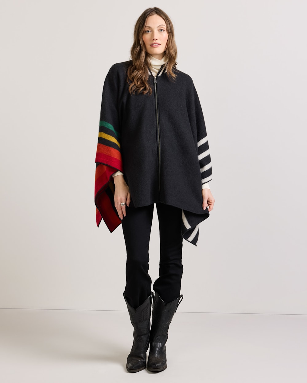 WOMEN'S MERINO WOOL BLANKET CAPE IN CHARCOAL MULTI STRIPE image number 1