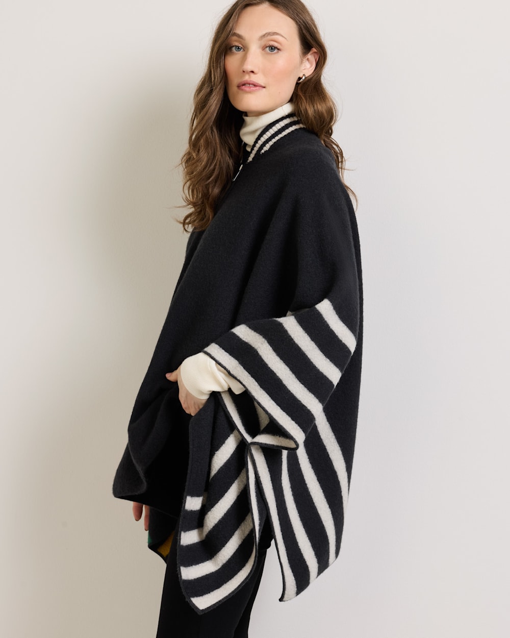 ALTERNATE VIEW OF WOMEN'S MERINO WOOL BLANKET CAPE IN CHARCOAL MULTI STRIPE image number 3