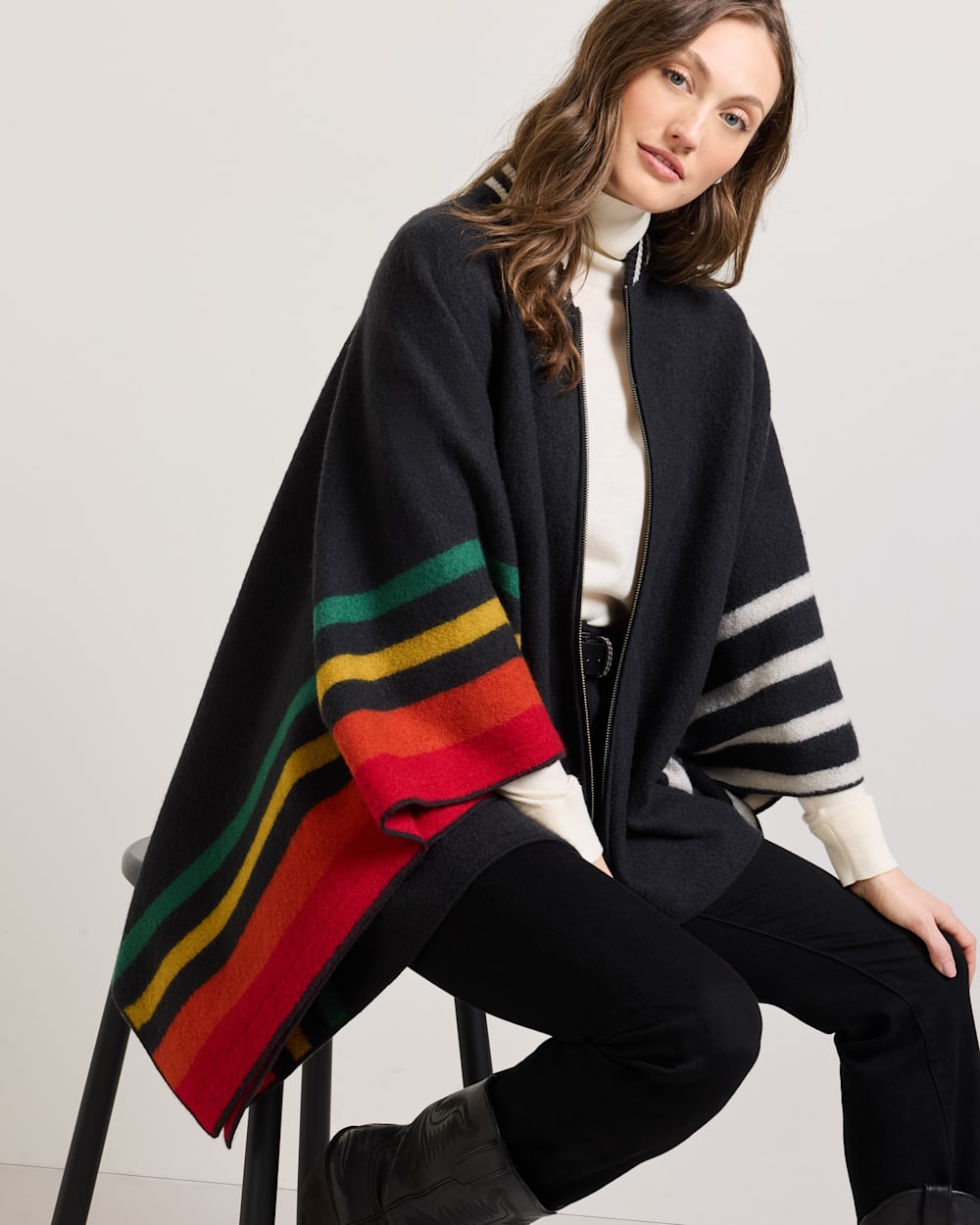 ALTERNATE VIEW OF WOMEN'S MERINO WOOL BLANKET CAPE IN CHARCOAL MULTI STRIPE image number 5